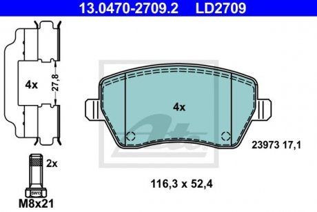 Комплект тормозных колодок, дисковый тормоз 13.0470-2709.2 ATE 13047027092 (фото 1)