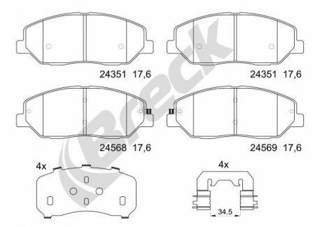 Колодки гальмівні (передні) Hyundai Santa Fe II/III/Genesis 06-/Kia Sorento/Ssangyong Korando 09- BRECK 243510070100