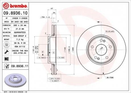 Тормозной диск BREMBO 09.8936.11