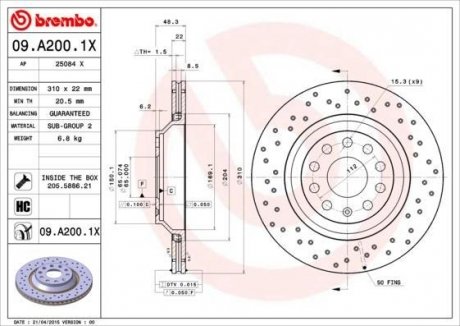 Тормозной диск BREMBO 09A2001X (фото 1)