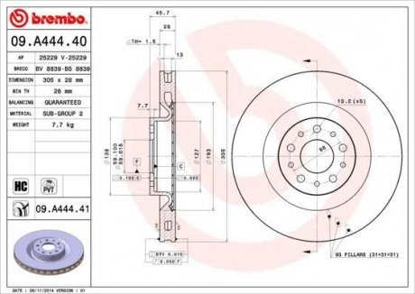 Диск гальмівний, 09- 305mm*5отв. BREMBO 09A44440