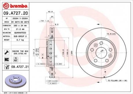 Диск тормозной BREMBO 09A72720