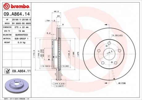 Диск тормозной TOYOTA COROLLA передн. (выр-во) BREMBO 09.A864.14 (фото 1)