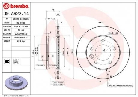 Тормозной диск BREMBO 09A92214 (фото 1)