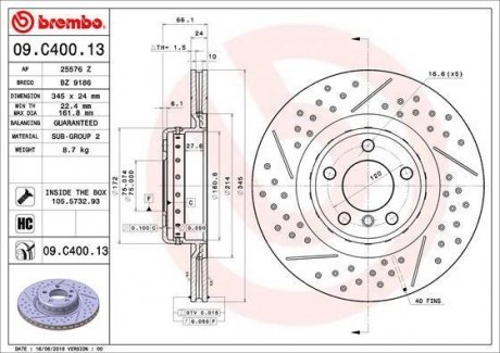 Тормозной диск BREMBO 09C40013 (фото 1)