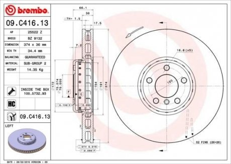 Диск тормозной BMW 5 F07 7 F01 /L /2-elementowa,kompozytowa/ BREMBO 09C41613 (фото 1)