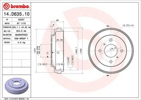 Тормозной барабан BREMBO 14.D635.10