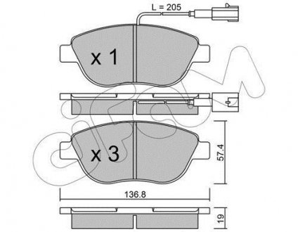 Тормозные колодки перед. Berlingo/Partner 01-/Doblo 03- (137x57.3x19)(с датчиком) CIFAM 822-322-0 (фото 1)