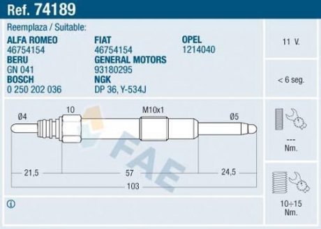 Свічка розжарювання FAE 74189