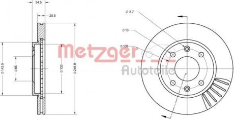 Диск гальмівний (передній) Citroen AX/Saxo/Peugeot 106/206/309 96- (247x20.5) METZGER 6110173