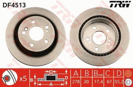 Диск гальмівний (1 шт.) MERCEDES C(W203)/E(S124)/SLK(R171) "R D=278mm "89-11 TRW DF4513 (фото 1)