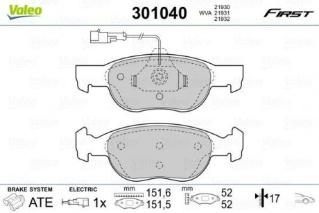 Колодки тормозные FIAT P. BRAVO/BRAVA/MAREA 95-02 Valeo 301040