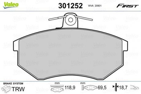 Колодки тормозные VW P. CADDY/GOLF/PASSAT/VENTO 88-04 BEZ CZUJNIKA Valeo 301252 (фото 1)