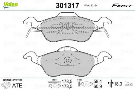 Колодки тормозные FORD P. FOCUS 98-04 Valeo 301317