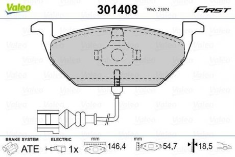 Колодки тормозные SKODA P. FABIA/OCTAVIA/ROOMSTER/YETI 96- Z CZUJNIKIEM Valeo 301408 (фото 1)