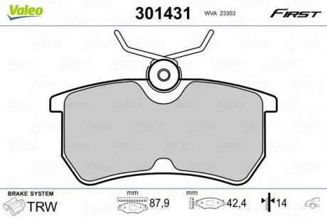 Колодки тормозные FORD T. FOCUS 98-04 Valeo 301431