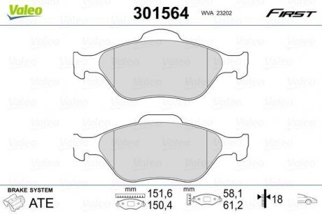 Гальмівні колодки дискові FORD/MAZDA Fiesta/Fusion/Ka/Puma/Street/121/2 "1,25-1,8 "F "95-12 Valeo 301564