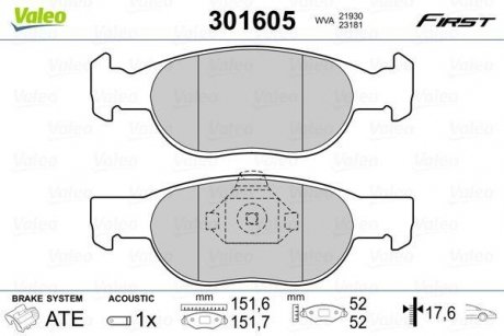 Колодки тормозные FIAT P. PUNTO 1,2 16V 99- Valeo 301605