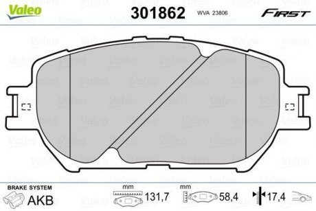 Гальмівні колодки дискові TOYOTA Camry "2,4-3,0 "F "01-06 Valeo 301862 (фото 1)