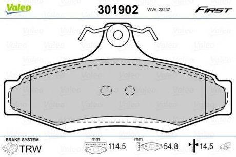 Колодки тормозные DAEWOO T. LEGANZA/NUBIRA 97- Valeo 301902