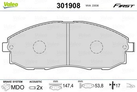 Колодки тормозные передние дисковые Valeo 301908