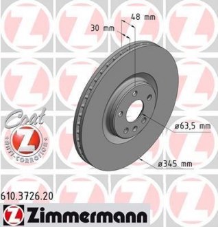 Диск тормозной (передний) Volvo S60 III/S90 II/V60 II/ XC90 II 16- (345x30) 610.3726.20 ZIMMERMANN 610372620 (фото 1)